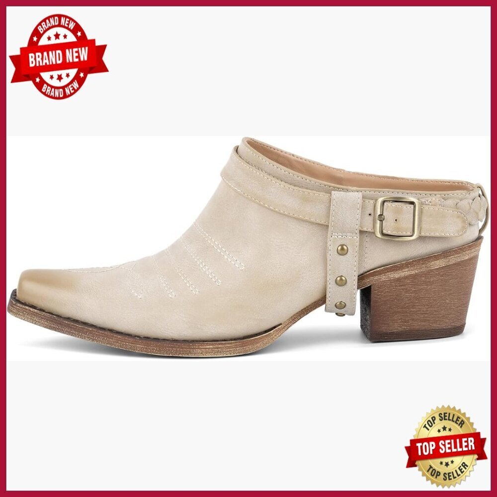 Western Mule Shoes Snip Toe Slip-On Clogs Block Heel Distressed Faux Leather
